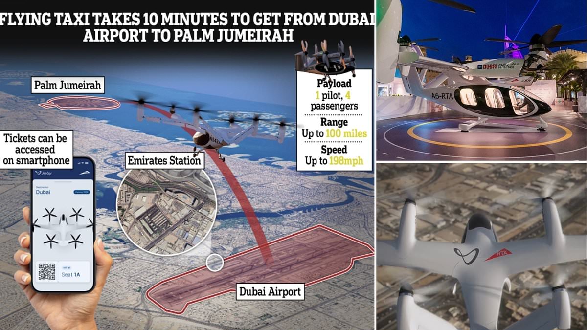 Flying taxis will be in Dubai skies next year: Incredible video reveals how passengers will be whisked through the air at 198mph – with a flight from the airport to the Palm taking just 10 minutes