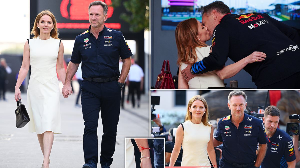 Geri Halliwell was red-eyed and wore a string bracelet ‘to ward off evil and misfortune’ in her defiant display of unity with husband Christian Horner…so was her kiss in full view of the cameras at the F1 ‘just for show’? writes KATIE HIND [Video]